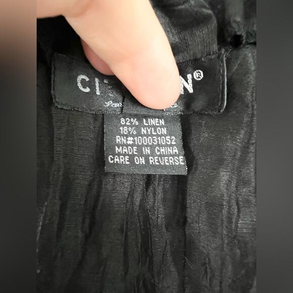 Citron black crinkly pants floral embroidered hem linen blend wide leg artsy M - Picture 5 of 10